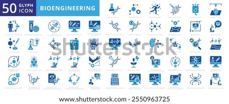 Bioengineering icon set of biomedical, bioluminescence, model, mineral, pharmaceutical, device, mechanical, computing, nanotechnology, data analysis, ethics, processing, imaging, genetic engineering