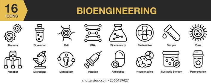 Bioengineering icon set. Includes DNA, cell, microscope, sample, virus, radioactive, and More. Outline icons vector collection.