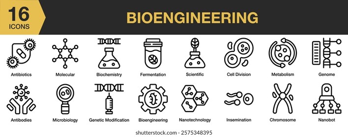 Bioengineering icon set. Includes science, biotechnology, research, laboratory, technology, scientist, and More. Outline icons vector collection.