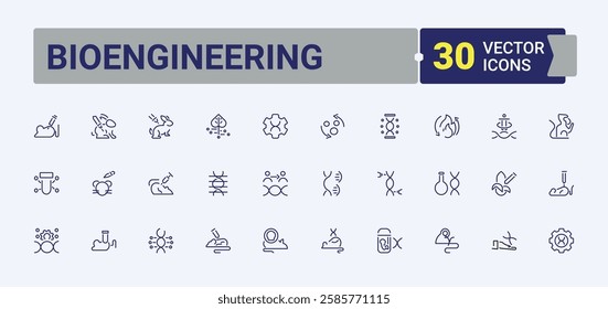 Bioengineering icon set. Includes thin line info, cell, medical, engineering, experiment and more. Minimal icon. Vector outline icons collection.