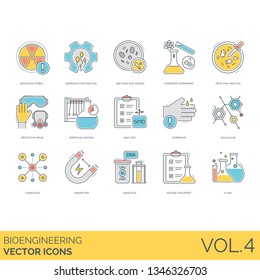 Bioengineering icons including radiation symbol, reproduction process, bacteria, virus, chemistry experiment, petri dish analysis, protective wear, perpetual motion, GMO test, corrosive, molecular.