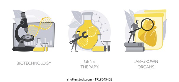 Bioengineering industry abstract concept vector illustration set. Biotechnology, gene therapy, lab-grown organs, stem cells, laboratory research, genetic cancer treatment abstract metaphor.