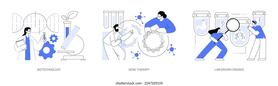 Bioengineering industry abstract concept vector illustration set. Biotechnology, gene therapy, lab-grown organs, stem cells, laboratory research, genetic cancer treatment abstract metaphor.