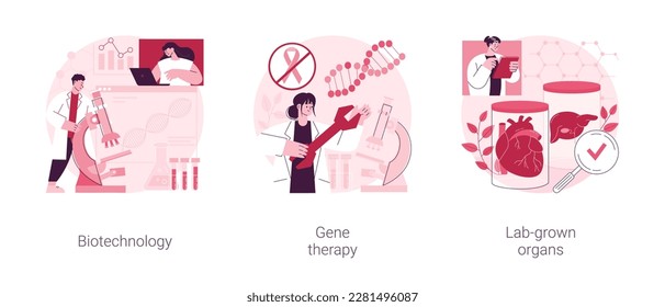 Conjunto de ilustraciones vectoriales abstractas de la industria de la bioingeniería. Biotecnología, terapia genética, órganos de laboratorio, células madre, investigación de laboratorio, tratamiento genético de cáncer metáfora abstracta.