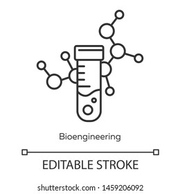 Bioengineering linear icon. Biological engineering. Test tube and molecule. Biochemistry, biotechnology. Thin line illustration. Contour symbol. Vector isolated outline drawing. Editable stroke