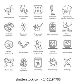 Bioengineering linear icons set. Biotechnology. Diseases treatment, genetic engineering, artificial intelligence. Thin line contour symbols. Isolated vector outline illustrations. Editable stroke