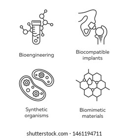 Bioengineering linear icons set. Biotechnology. Biochemistry, GMO, implantation. Thin line contour symbols. Isolated vector outline illustrations. Editable stroke