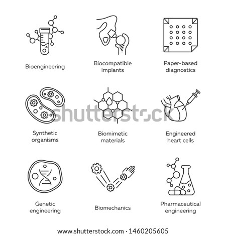 Bioengineering linear icons set. Biotechnology. Molecular biology, biomedical and molecular engineering. Thin line contour symbols. Isolated vector outline illustrations. Editable stroke