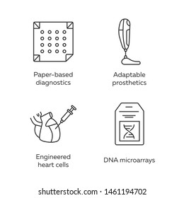 Bioengineering linear icons set. Diagnostics, adaptable prosthetics, engineered heart cells, DNA microarrays. Thin line contour symbols. Isolated vector outline illustrations. Editable stroke