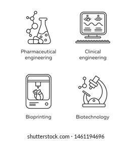 Bioengineering linear icons set. Pharmaceutical and clinical engineering, bioprinting, biotechnology. Thin line contour symbols. Isolated vector outline illustrations. Editable stroke