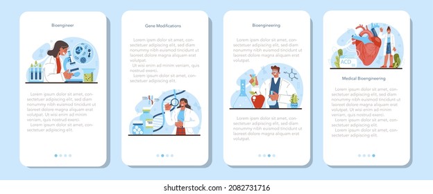 Juego de banners para aplicaciones móviles de bioingeniería. Biotecnología, terapia génica e investigación. Los científicos estudian, modifican y controlan el sistema biológico. Ingeniería biológica médica. Ilustración vectorial plana