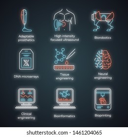 Bioengineering neon light icons set. Biotechnology. Molecular biology, biomedical and molecular engineering, bioinformatics. Glowing signs. Vector isolated illustrations
