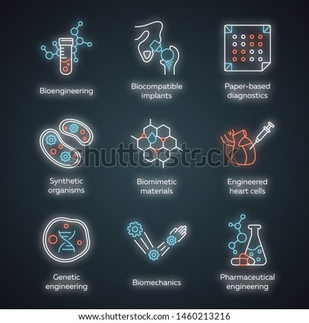 Bioengineering neon light icons set. Biotechnology. Molecular biology, biomedical and molecular engineering. Glowing signs. Vector isolated illustrations