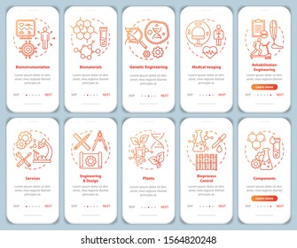 Bioengineering onboarding mobile app page screen vector template. Medical imaging, services. Walkthrough website steps with linear illustrations. Biomaterials. UX, UI, GUI smartphone interface concept