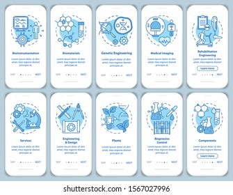 Bioengineering onboarding mobile app page screen with linear concepts. Medical imaging, services. Ten walkthrough steps graphic instructions. Biomaterials. UX, UI, GUI vector template, illustrations