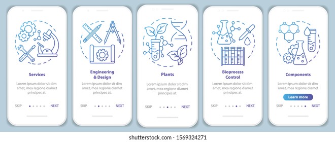 Bioengineering onboarding mobile app page screen vector template. Services and plants, components. Walkthrough website steps with linear illustrations. UX, UI, GUI smartphone interface concept