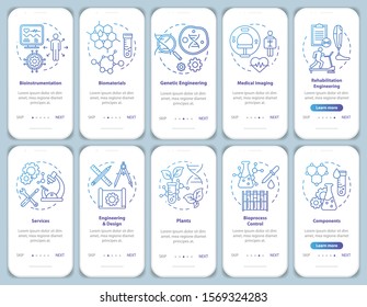 Bioengineering onboarding mobile app page screen vector template. Medical imaging, services. Biomaterials. Walkthrough website steps with linear illustrations. UX, UI, GUI smartphone interface concept