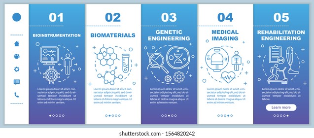 Bioengineering onboarding mobile web pages vector template. Responsive smartphone website interface idea with linear illustrations. Bioinstrumentation. Webpage walkthrough step screens. Color concept