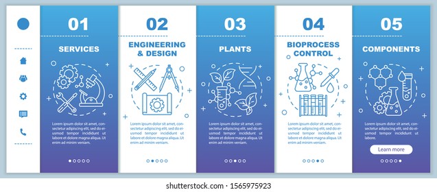 Bioengineering onboarding mobile web pages vector template. Services components. Responsive smartphone website interface idea with linear illustrations. Webpage walkthrough step screens. Color concept