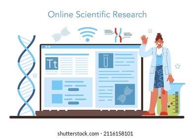 Bioengineering Online Service Or Platform. Biotechnology, Gene Therapy And Research. Scientist Study Biological System. Online Research. Flat Vector Illustration