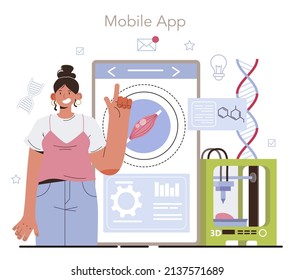 Bioengineering online service or platform. Biotechnology for food engineering. Scientist study, cultured meat and vegetables. Online forum, video blog, mobile app, website. Vector illustration