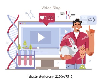 Online-Service oder Plattform für Bioengineering. Biotechnologie für die Nahrungsmittelindustrie. Wissenschaftliche Studie, kultiviertes Fleisch und Gemüse. Video-Blog. Vektorgrafik