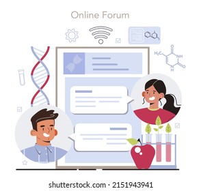 Bioengineering online service or platform. Biotechnology for food engineering. Scientist study, cultured meat and vegetables. Online forum, video blog, mobile app, website. Vector illustration