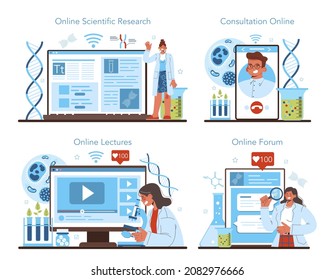 Bioengineering online service or platform set. Biotechnology, gene therapy and research. Scientist study biological system. Online consultation, forum, lecture, research. Flat vector illustration