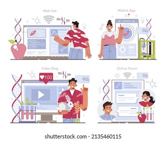 Servicio en línea de bioingeniería o conjunto de plataformas. Biotecnología para la ingeniería alimentaria. Estudio científico, carne y verduras cultivadas. Foro en línea, video blog, aplicación móvil, sitio web. Ilustración del vector