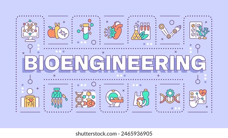 Concepto de palabra púrpura de bioingeniería. La ingeniería genética. Dispositivos médicos. ADN. Bioinformática. Anuncio tipográfico. Ilustración vectorial con texto de título, color de íconos editables. Hubot Sans fuente utilizada