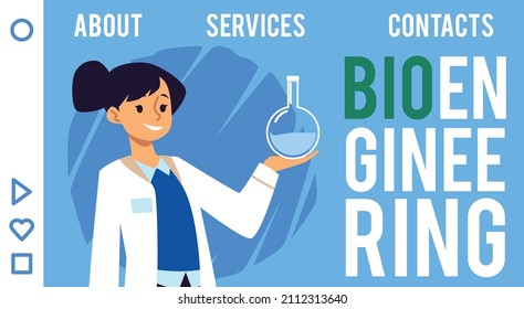 Bioengineering researches and tests website. Woman scientist character on landing or presentation page for laboratory bioengineering studies, flat vector illustration.