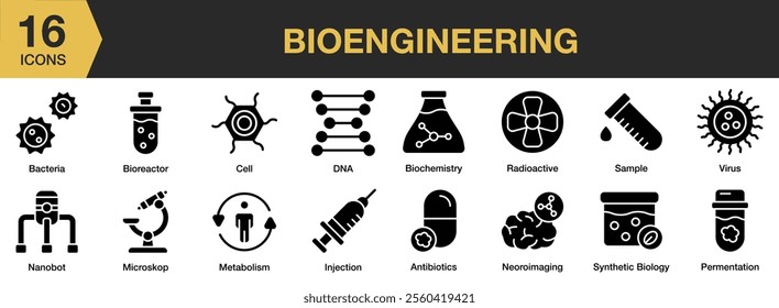 Bioengineering solid icon set. Includes DNA, cell, microscope, sample, virus, radioactive, and More. Solid icons vector collection.