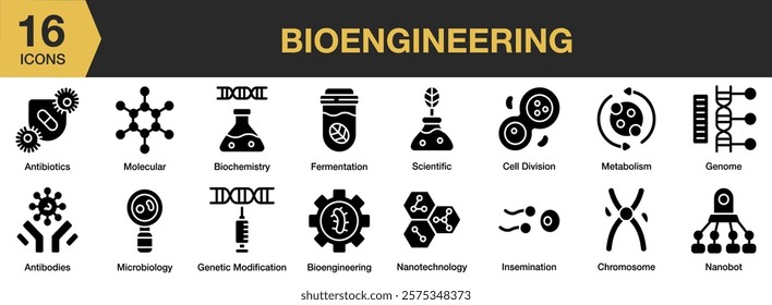 Bioengineering solid icon set. Includes science, biotechnology, research, laboratory, technology, scientist, and More. Solid icons vector collection.