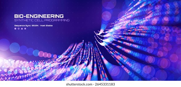 Bio-engineering and synthetic cell programming abstract background with glowing circles and data visualization for science presentations. Vector graphics. 