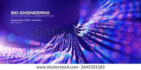 Bio-engineering and synthetic cell programming abstract background with glowing circles and data visualization for science presentations. Vector graphics. 