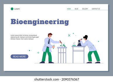Bioengineering technology for food additives and Genetically modified plants development website , flat vector illustration. Genetically laboratory engineered foods.