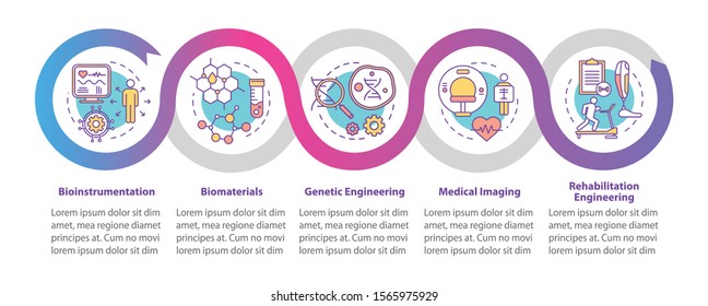 Bioengineering vector infographic template. Medical imaging. Business presentation design elements. Data visualization, five steps, options. Process timeline chart. Workflow layout with linear icons