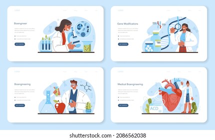 Bioengineering Web Banner Or Landing Page Set. Biotechnology, Gene Therapy And Research. Scientist Study, Modify And Control Biological System. Medical Biological Engineering. Flat Vector Illustration