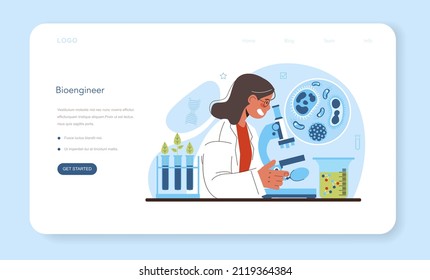 Bioengineering Web Banner Or Landing Page. Biotechnology, Gene Therapy And Research. Scientist Study, Modify And Control Biological System. Medical Biological Engineering. Flat Vector Illustration