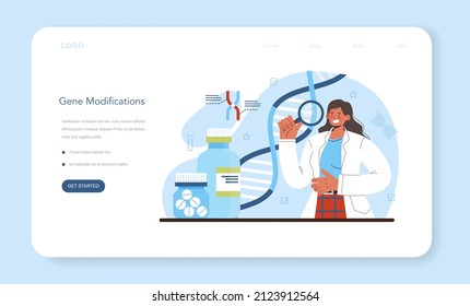 Bioengineering Web Banner Or Landing Page. Biotechnology, Gene Therapy And Research. Scientist Study, Modify And Control Biological System. Medical Biological Engineering. Flat Vector Illustration