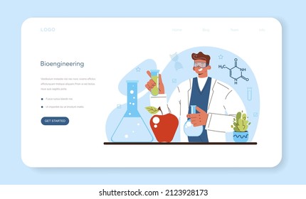 Bioengineering Web Banner Or Landing Page. Biotechnology, Gene Therapy And Research. Scientist Study, Modify And Control Biological System. Medical Biological Engineering. Flat Vector Illustration