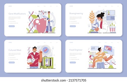 Bioengineering web banner or landing page set. Biotechnology for food engineering. Scientist study, modify and control biological systems. Cultured meat and vegetables. Flat vector illustration