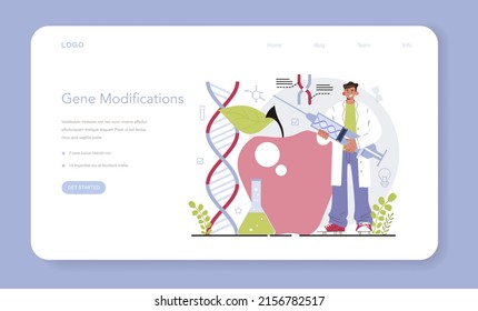 Bioengineering web banner or landing page. Biotechnology for food engineering. Scientist study, modify and control biological systems. Cultured meat and vegetables. Flat vector illustration