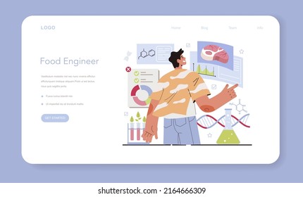 Bioengineering web banner or landing page. Biotechnology for food engineering. Scientist study, modify and control biological systems. Cultured meat and vegetables. Flat vector illustration