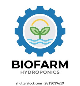 Biofarm Hydroponics logo featuring a green plant growing in water with a gear and sun, symbolizing sustainable farming and technology