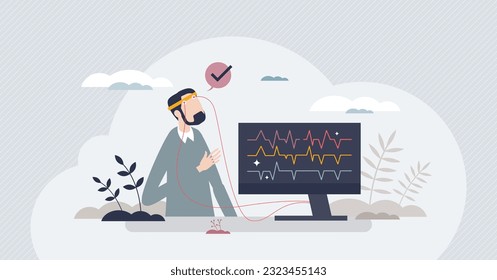 biofeedback process for physiological functions awareness tiny person concept. Control body systems at will with treatment method vector illustration. Self regulation with brainwaves and muscle tone.