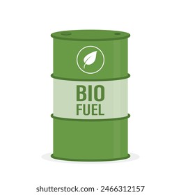 Стоковое векторное изображение: Biofuel barrel. Biodiesel, eco products and fuels. Ethanol, eco petroleum in tank. Green campaign, alternative energetic. Cartoon design isolated on white background. Flat Vector illustration