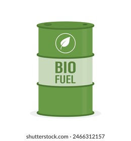 Biofuel barrel. Biodiesel, eco products and fuels. Ethanol, eco petroleum in tank. Green campaign, alternative energetic. Cartoon design isolated on white background. Flat Vector illustration Arkivvektor