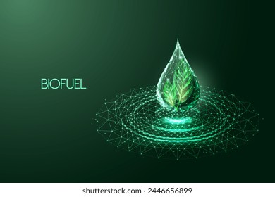 Biofuel, biodiesel, biogas alternative energy source futuristic concept with green drop and leaf in glowing low polygonal style on dark blue background. Modern abstract design vector illustration.