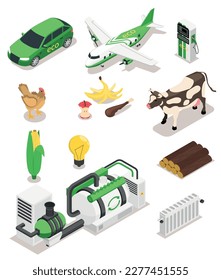 Biofuel biogas production isometric icon set with isolated vehicle images animals food heater and plant facilities vector illustration